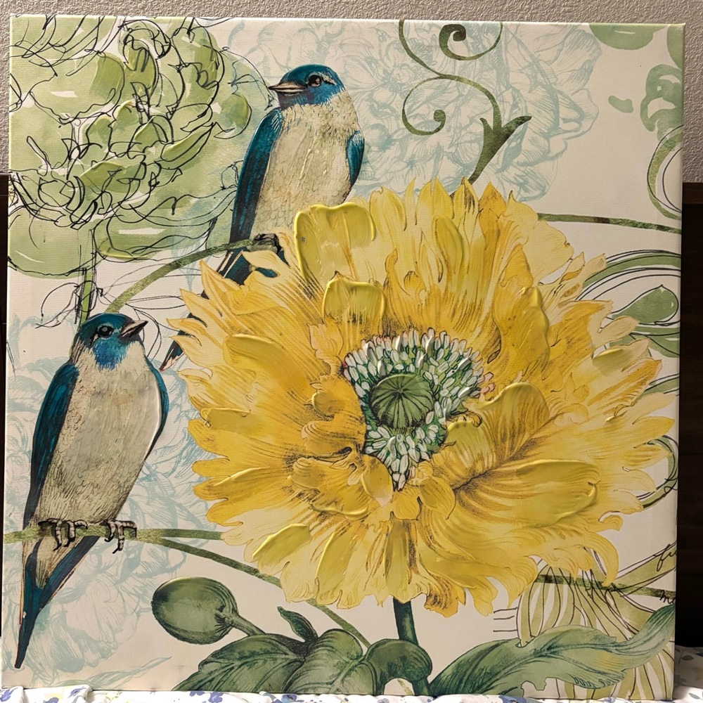 Floral and Bird Wall Art with Yellow and Blue Accents